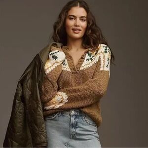 MOTHER Brown and Cream V-Neck Sweater